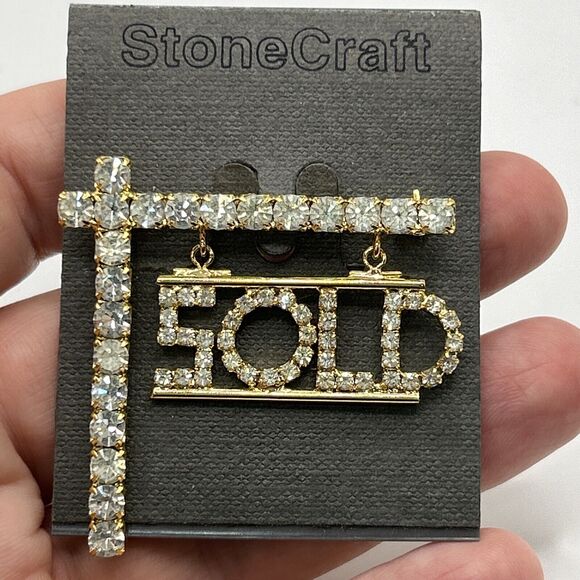 Realtor "SOLD" Dangling Shingle Rhinestone Professional Pin - 1 1/2 Inches - Picture 3 of 6